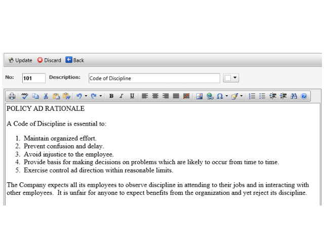 Employee relations policy management screen
