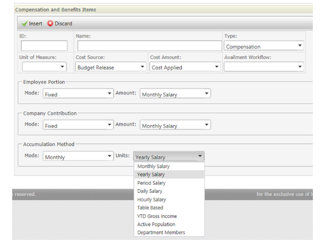 Compensation and benefit items screen