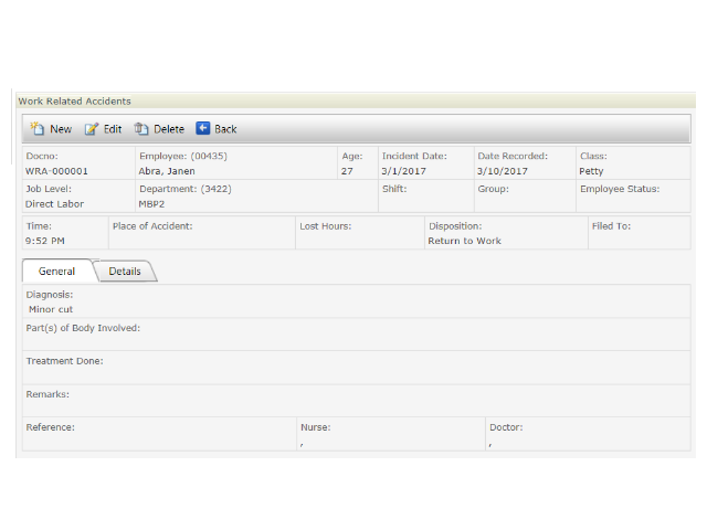 Work-related accident record screen